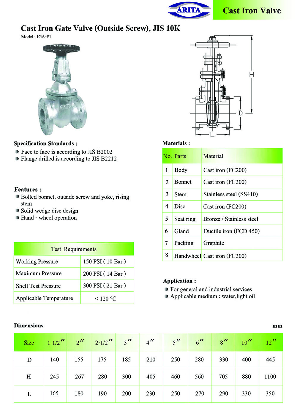 ARITA Cast Iron Gate Valve (OS&Y), JIS 10K | unimechthailand.com