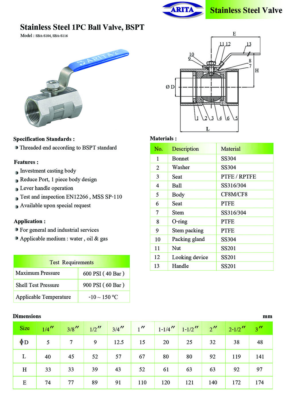 ARITA Stainless Steel 1PC Ball Valve, BSPT (Light) | unimechthailand.com