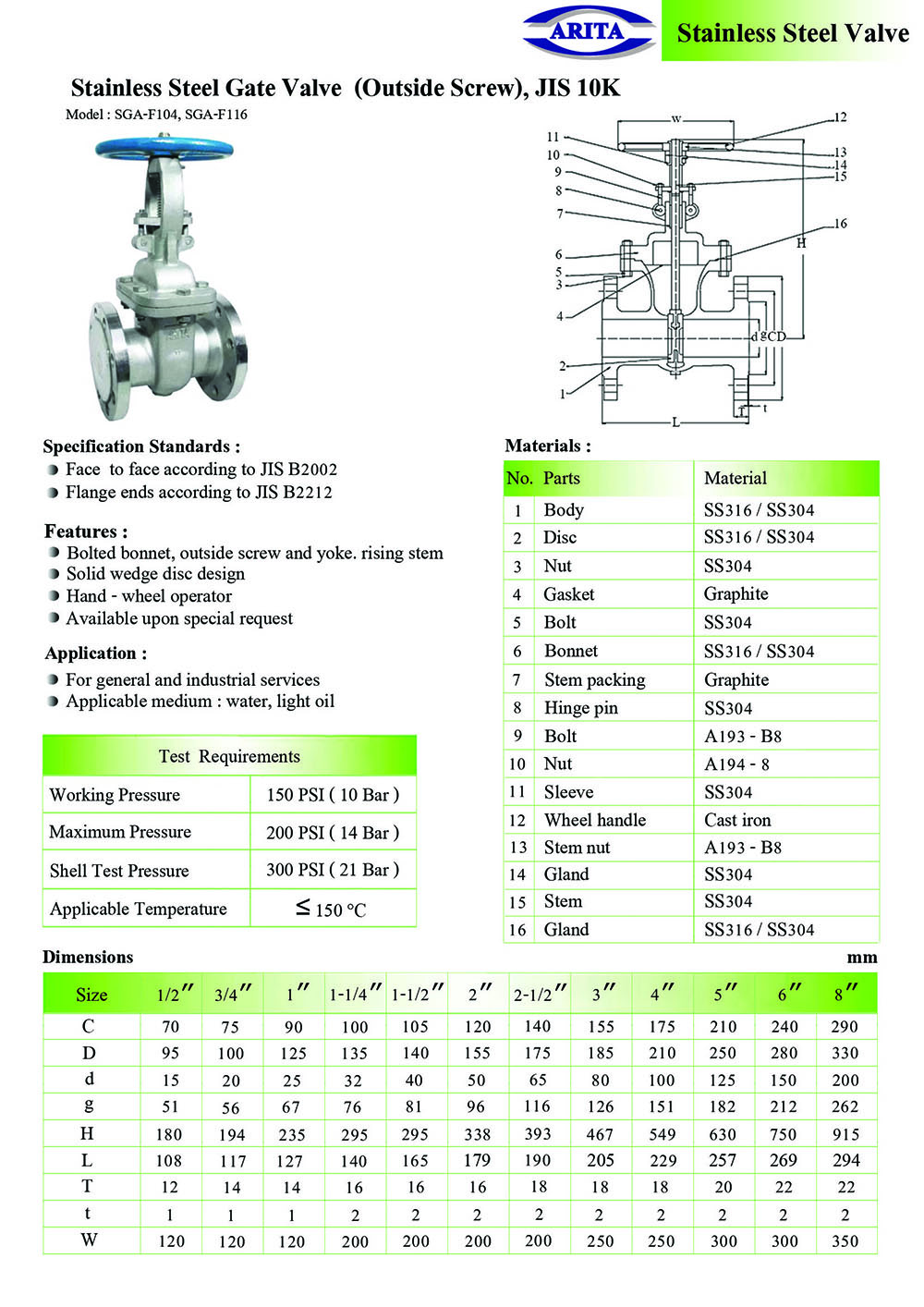 ARITA Stainless Steel Gate Valve (OS&Y), JIS 10K | unimechthailand.com